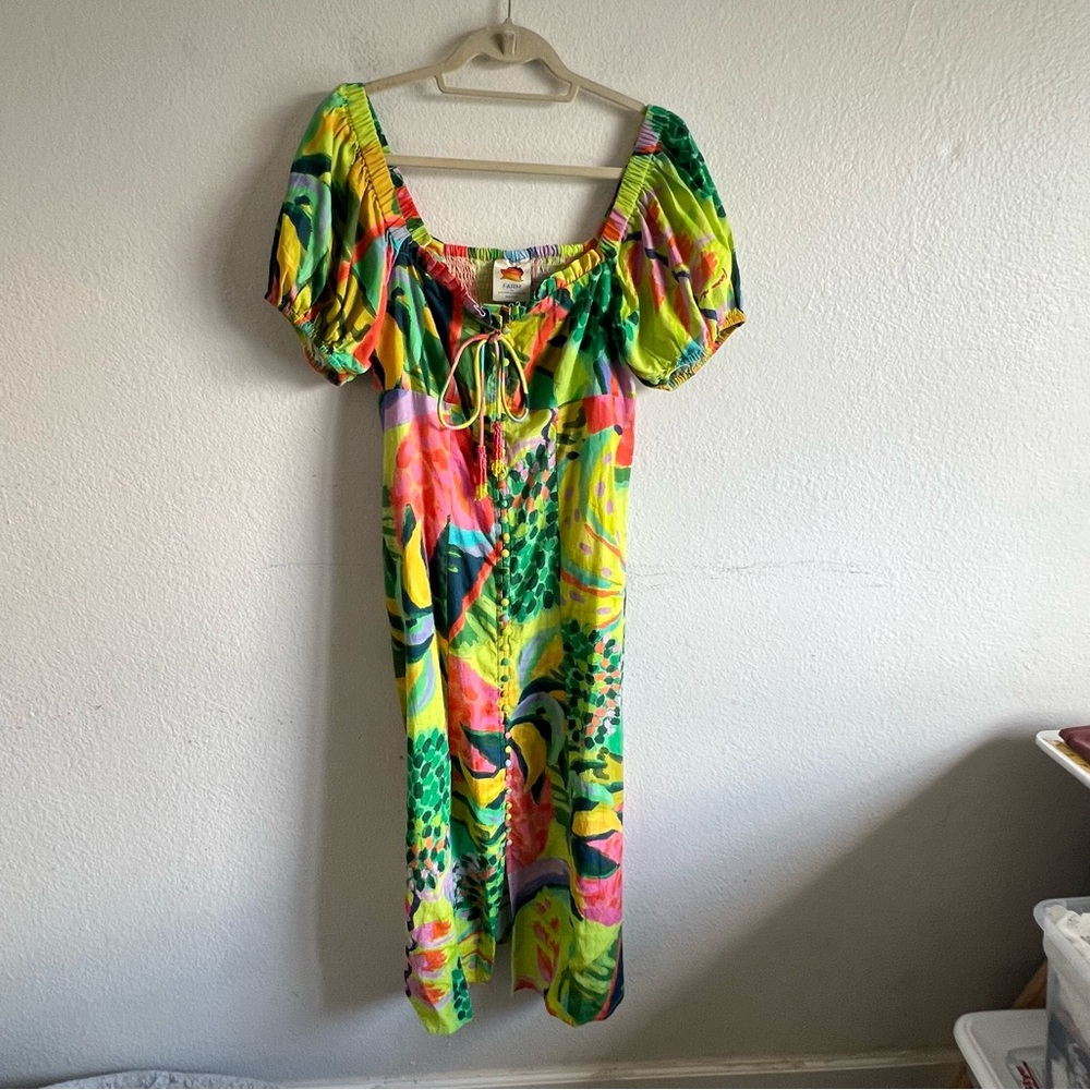 Anthropologie Farm Rio Midi Dress Puff Sleeves Green, Yellow, and Pink NWT - Picture 3 of 12
